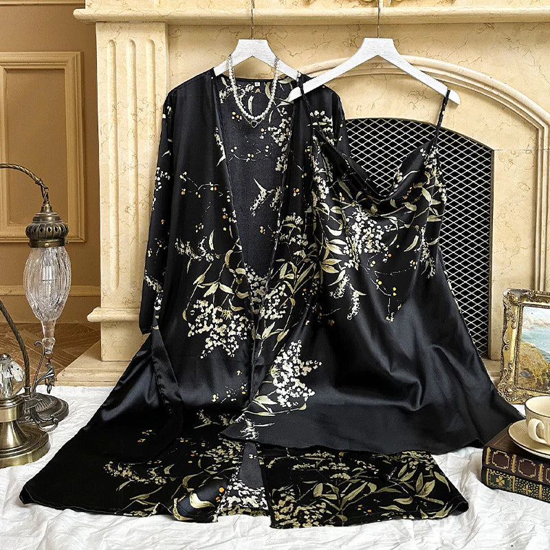Printed Ice Silk Sling Nightgown - Black Cherry L - nightgown