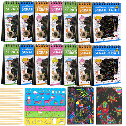 POKONBOY 16 Pack Scratch Arts and Crafts Notebooks Scratch Note Pads for Kids Rainbow Party Favors Coloring Books for Kids Art Party Supplies Stocking Stuffers（16 Wooden Stylus & 4 Drawing Stencils） Kia Day Design
