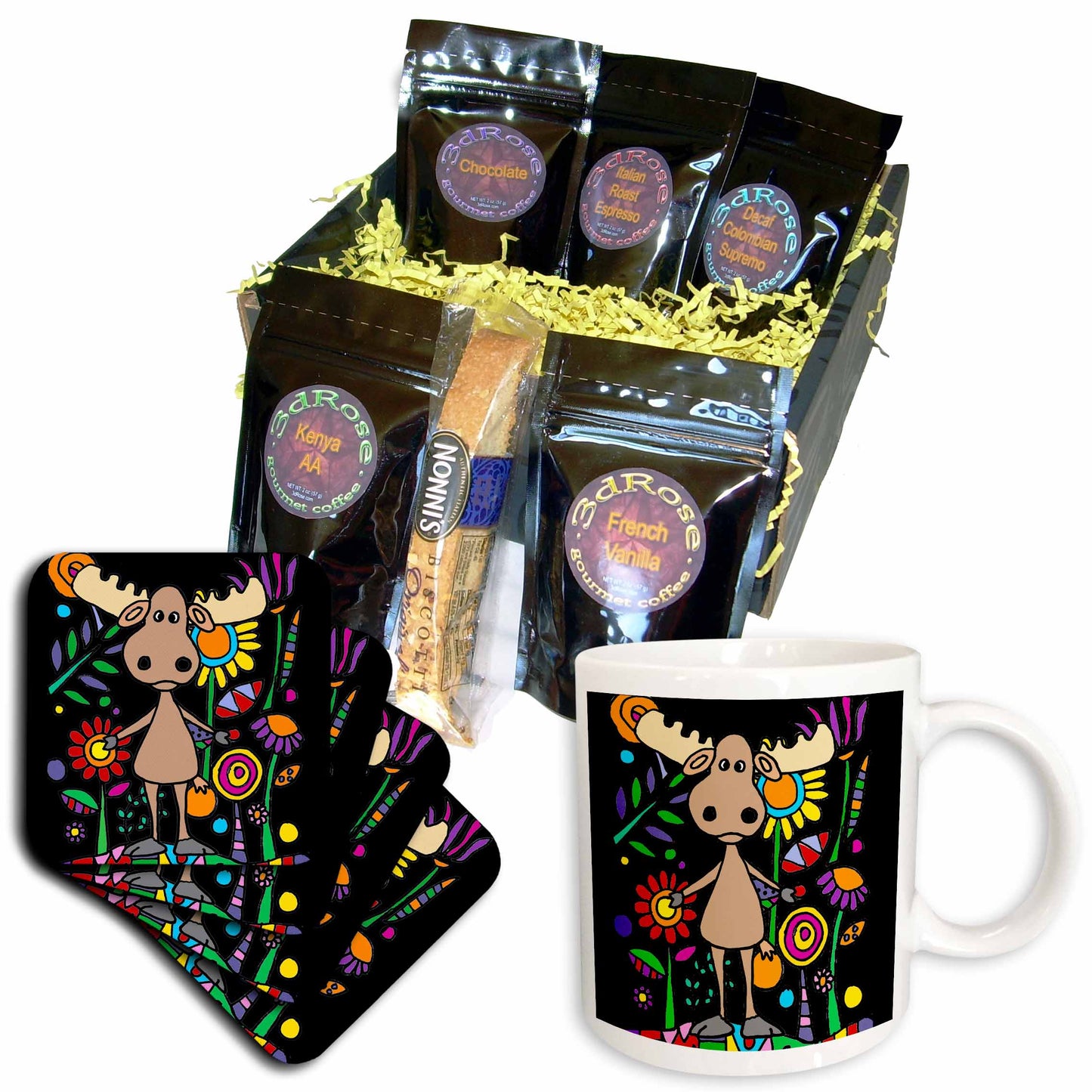 3dRose Funny Cute Moose in Colorful Flower Garden Nature... - Coffee Gift Baskets (cgb_325769) - Coffee Gift Basket - Coffee Gift Basket