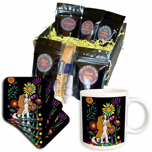 3dRose Funny Cute Cavalier King Charles Spaniel in Flower Garden... - Coffee Gift Baskets (cgb_325771) - Coffee Gift Basket - Coffee Gift Basket