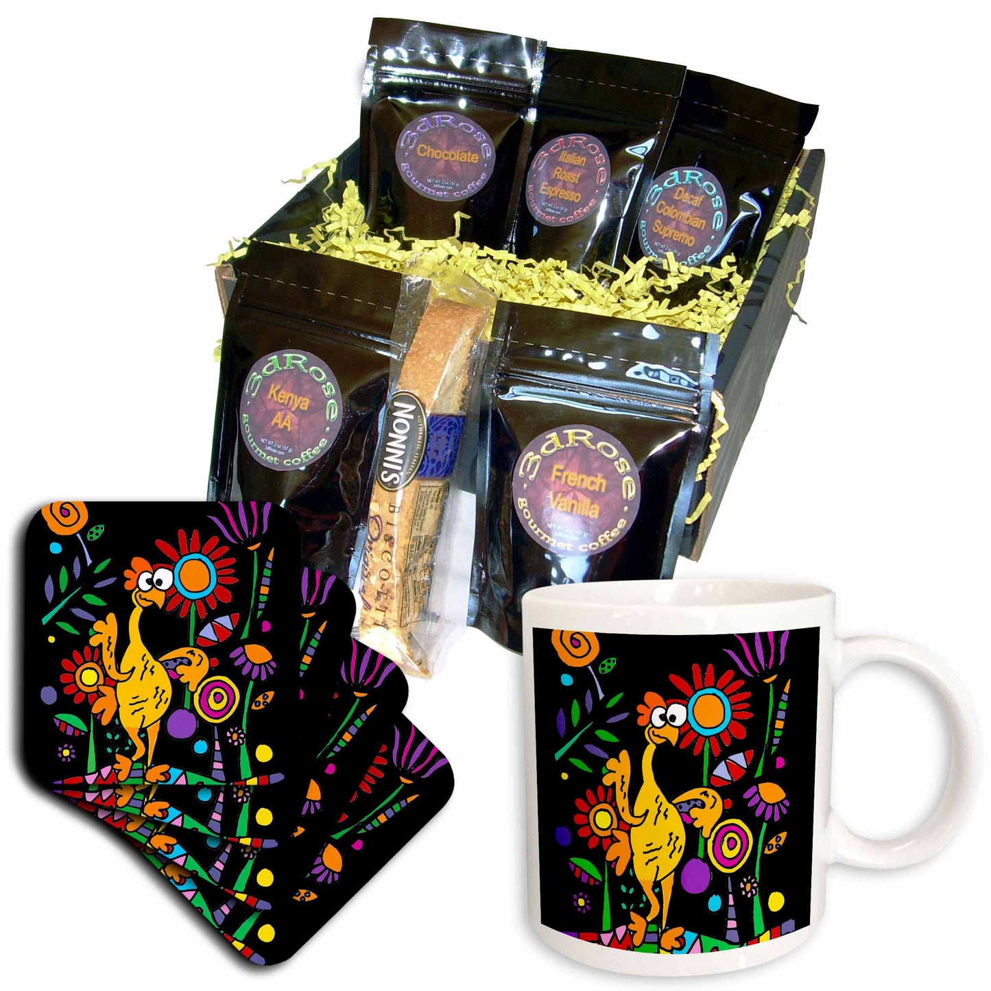 3dRose Funny Cute Rubber Chicken in Colorful Flower Garden... - Coffee Gift Baskets (cgb_325772) - Coffee Gift Basket - Coffee Gift Basket