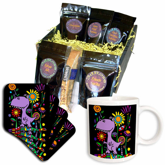 3dRose Funny Cute Purple T-rex Dinosaur in Flower Garden Nature... - Coffee Gift Baskets (cgb_325773) - Coffee Gift Basket - Coffee Gift Basket