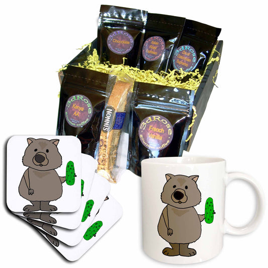 3dRose Cute Funny Wombat Eating Dill Pickle Cartoon - Coffee Gift Baskets (cgb_325776) - Coffee Gift Basket - Coffee Gift Basket