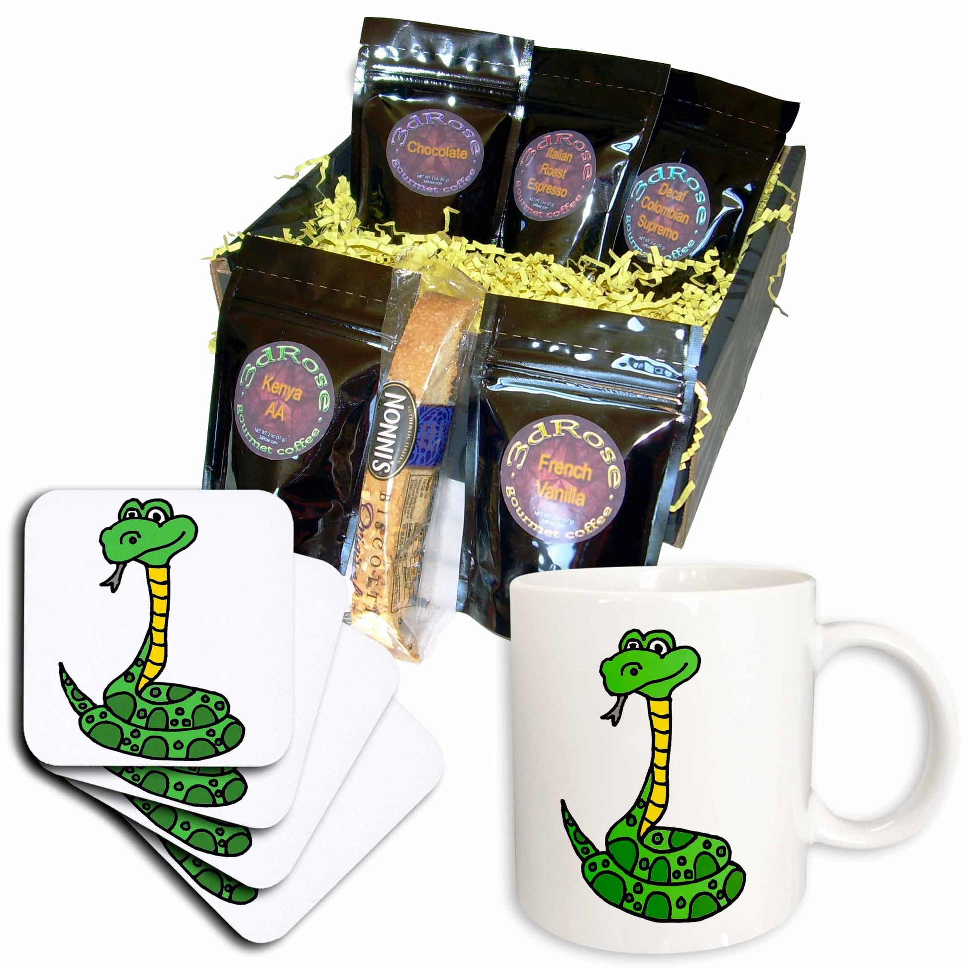 3dRose Funny Cute Coiled Greeen Python Snake Cartoon - Coffee Gift Baskets (cgb_325791) - Coffee Gift Basket - Coffee Gift Basket