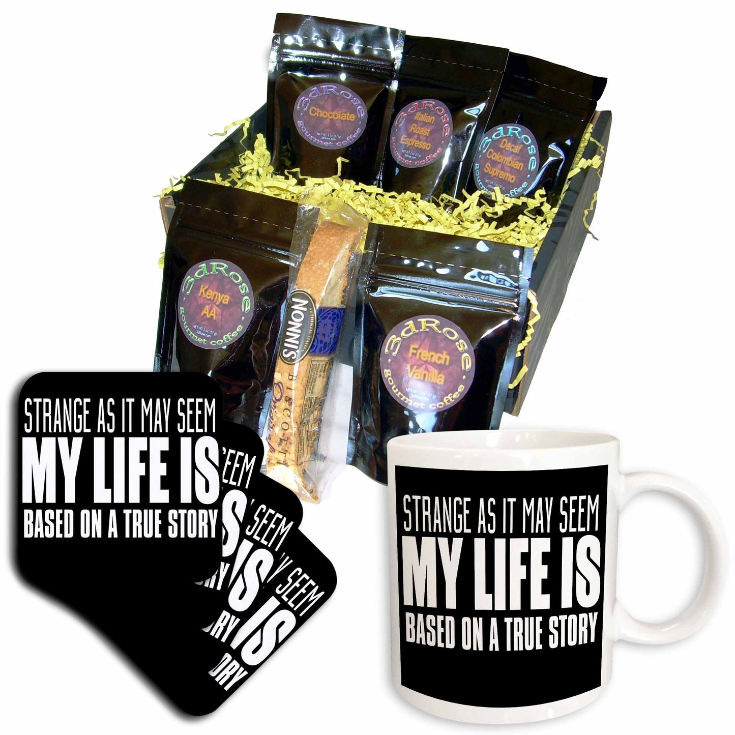 3dRose Strange As It May Seem My Life is Based On A True Story - Coffee Gift Baskets (cgb_325910) - Coffee Gift Basket - Coffee Gift Basket