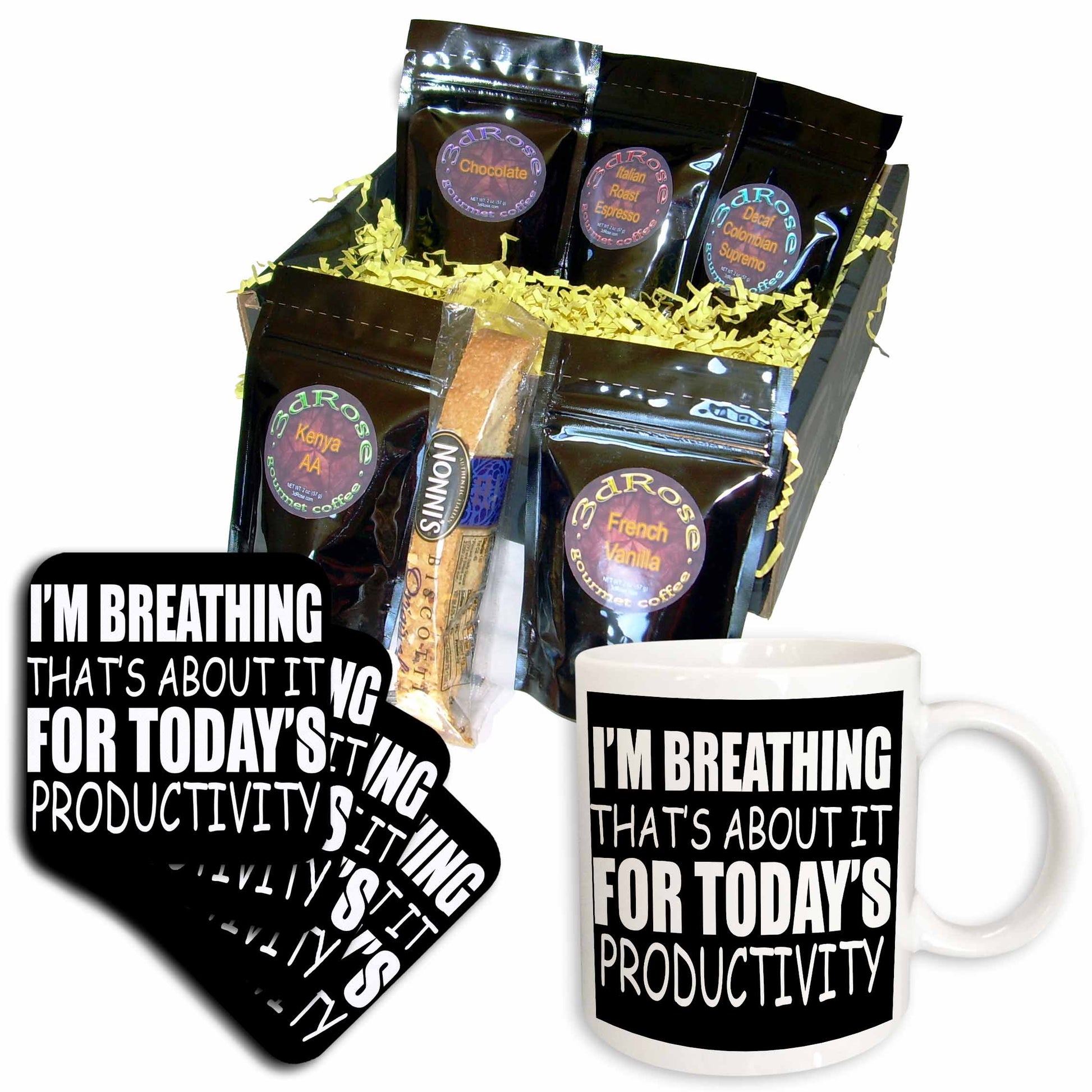 3dRose Im Breathing That’s About It for Todays Productivity - Coffee Gift Baskets (cgb_325936) - Coffee Gift Basket - Coffee Gift Basket