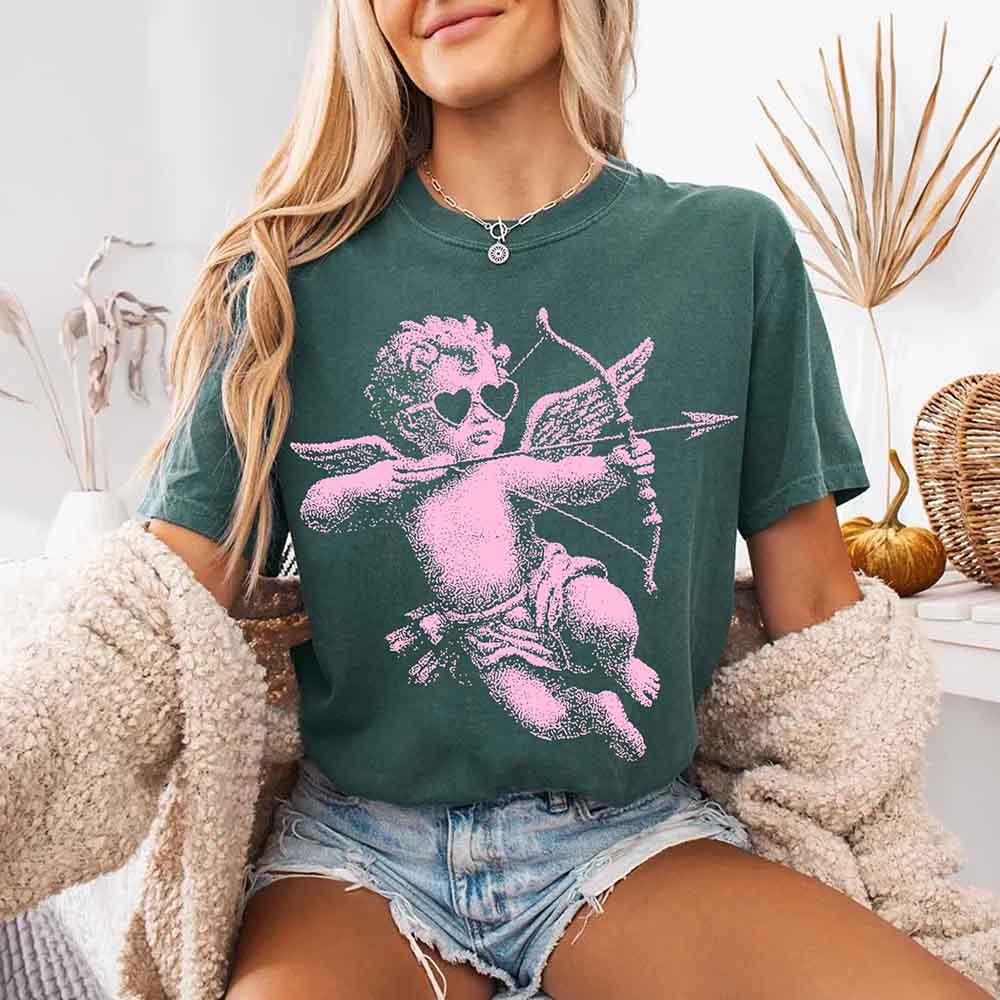Comfort Colors Halftone Cupid V-Day Tee – Pixel Art Valentine T-shirt - Blue Spruce - T-shirts