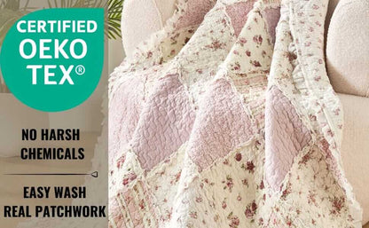 DaDalogy Cotton Patchwork Throw Blanket - Floral Cottage Quilted Reversible Blush Pink & Cream Shabby Chic Botanical Ruffle Design - Vintage Garden Rose Pastel Accents (3031)- 50 x 60- DaDalogy Bedding Collection- {{Product type}}