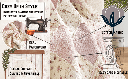DaDalogy Cotton Patchwork Throw Blanket - Floral Cottage Quilted Reversible Blush Pink & Cream Shabby Chic Botanical Ruffle Design - Vintage Garden Rose Pastel Accents (3031)- 50 x 60- DaDalogy Bedding Collection- {{Product type}}