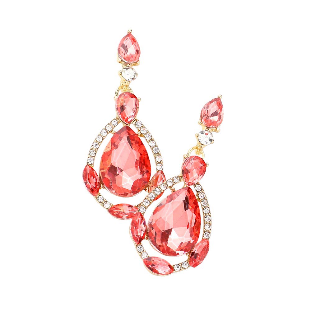 Crystal Rhinestone Teardrop Evening Earrings - Coral - Earrings