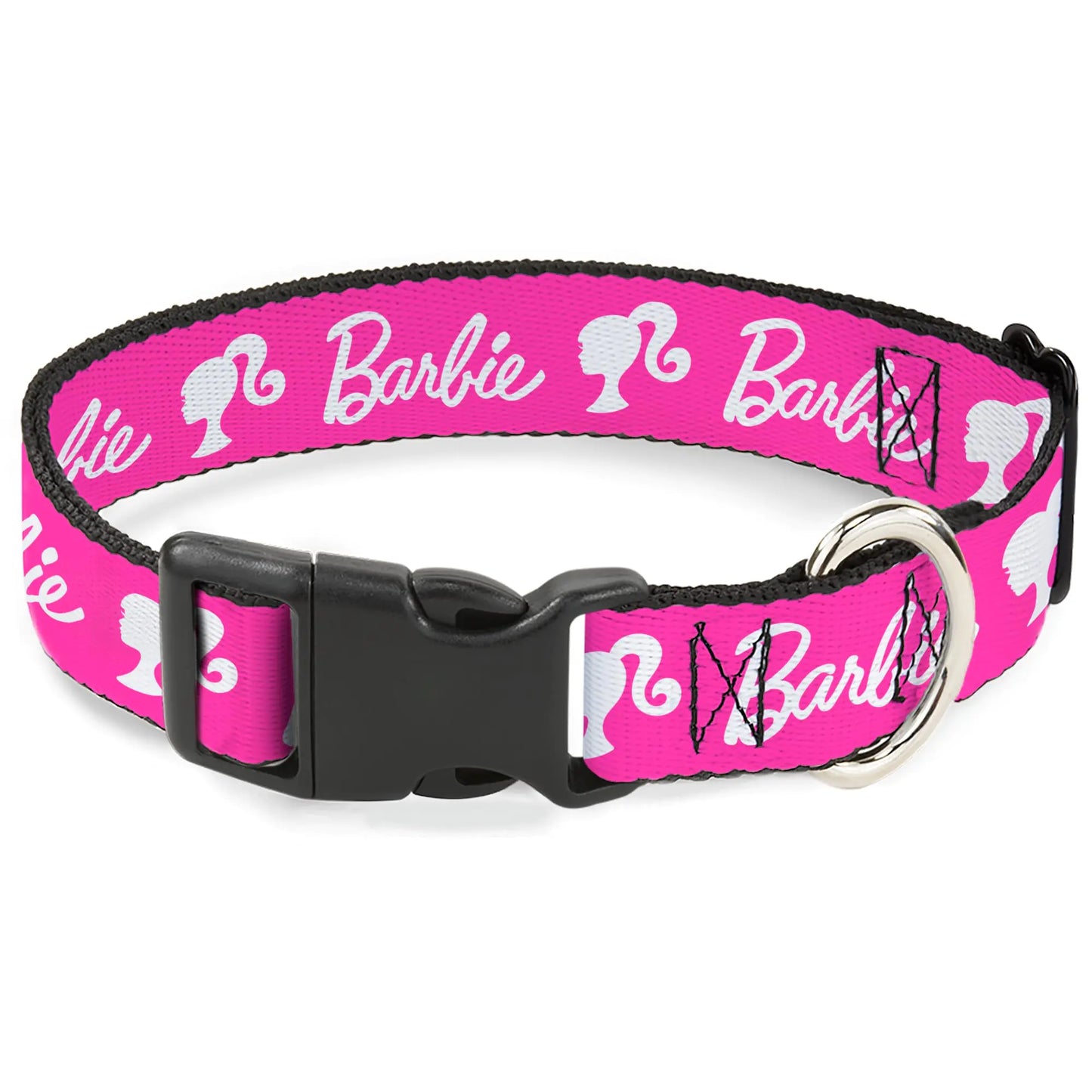 Mattel Dog Collar with Plastic Buckle Quick Release Easy Adjustable Barbie Script Signature Logo and Silhouette Hot Pink White 7 to 8.5 Inches 0.5 Inch Wide Kia Day Design