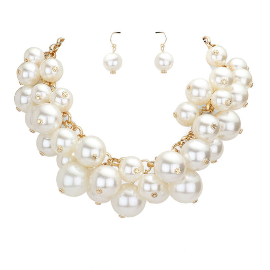 Chunky Pearl Collar Necklace - Cream Gold - Jewelry Sets
