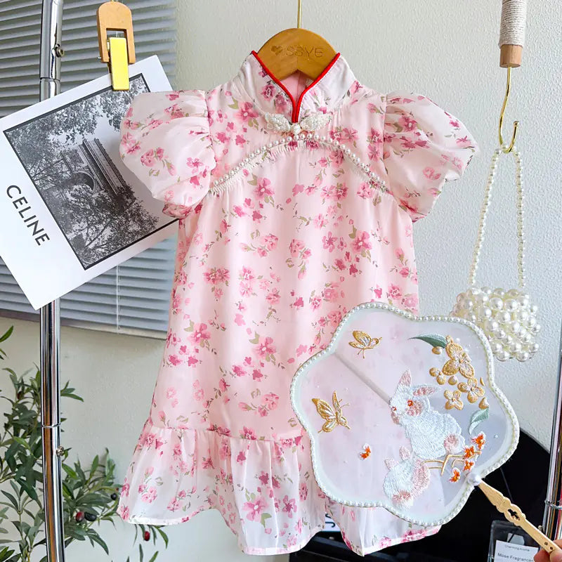 Summer Pearl Crystal Button Qipao Dress for Girls - Kia Day Design