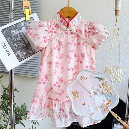 Summer Pearl Crystal Button Qipao Dress for Girls - Kia Day Design