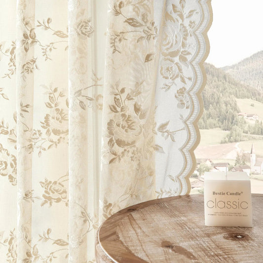 Beige Lace Curtains 84 Inches Long Floral Sheer Curtains Rod Pocket 2 Panel Set - Kia Day Design