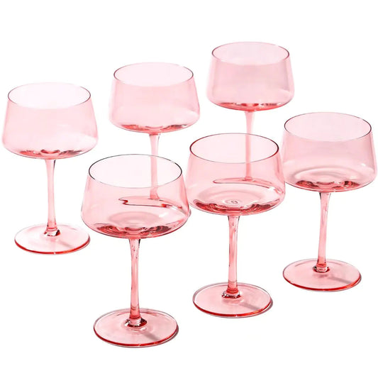 Set of 6 Large Capacity Hand-Blown Pink Champagne Coupe Glasses - Pink - glassware