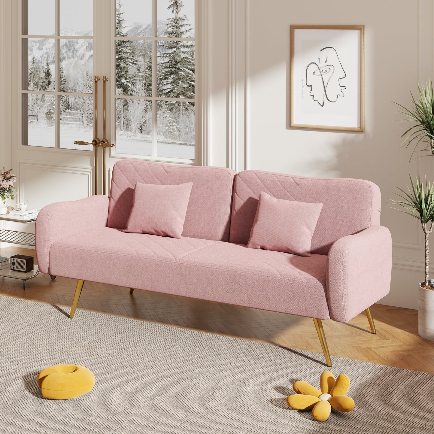 70.47" Pink Fabric Double Sofa with Split Backrest and Two Throw Pillows- V.I.P Digital Presence- {{Product type}}