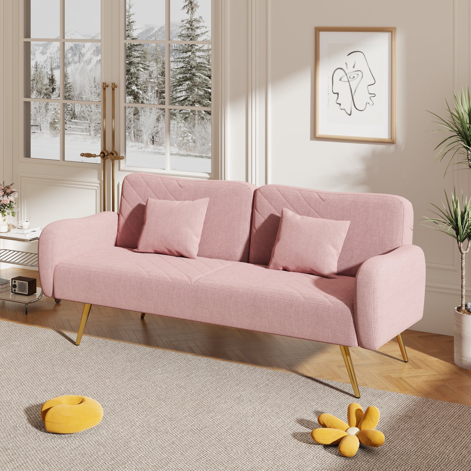 70.47" Pink Fabric Double Sofa with Split Backrest and Two Throw Pillows- V.I.P Digital Presence- {{Product type}}