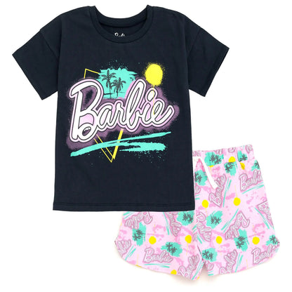 Barbie Big Girls T-Shirt and French Terry Dolphin Shorts Outfit Set Logo Pink/Black/Graffiti 10-12