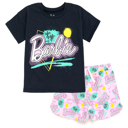 Barbie Big Girls T-Shirt and French Terry Dolphin Shorts Outfit Set Logo Pink/Black/Graffiti 10-12