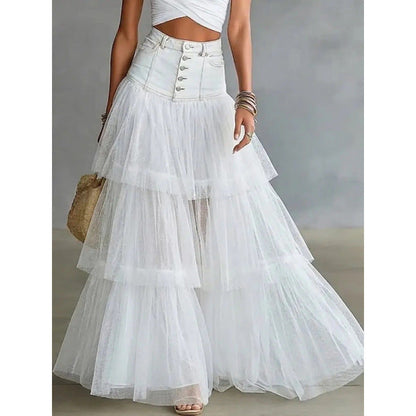 Women's Denim Waist Layered Mesh Maxi Skirt – A-Line Tulle Swing Skirt- FitiqueFit- {{Product type}}