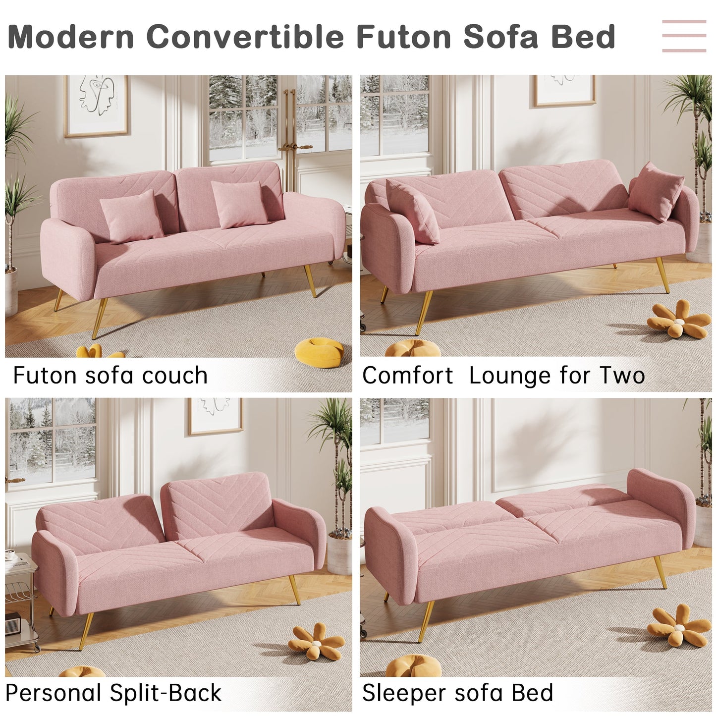 70.47" Pink Fabric Double Sofa with Split Backrest and Two Throw Pillows- V.I.P Digital Presence- {{Product type}}