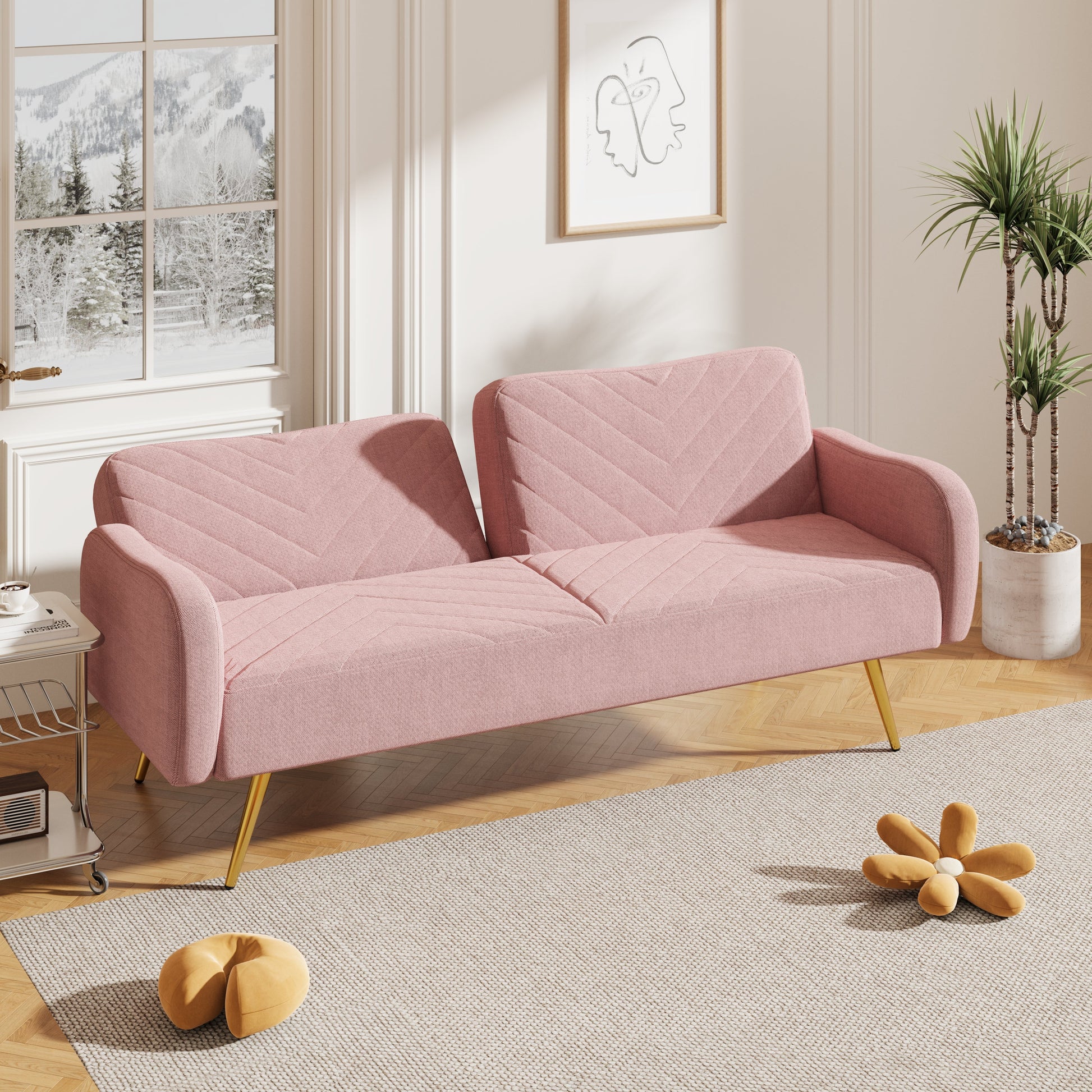 70.47" Pink Fabric Double Sofa with Split Backrest and Two Throw Pillows- V.I.P Digital Presence- {{Product type}}