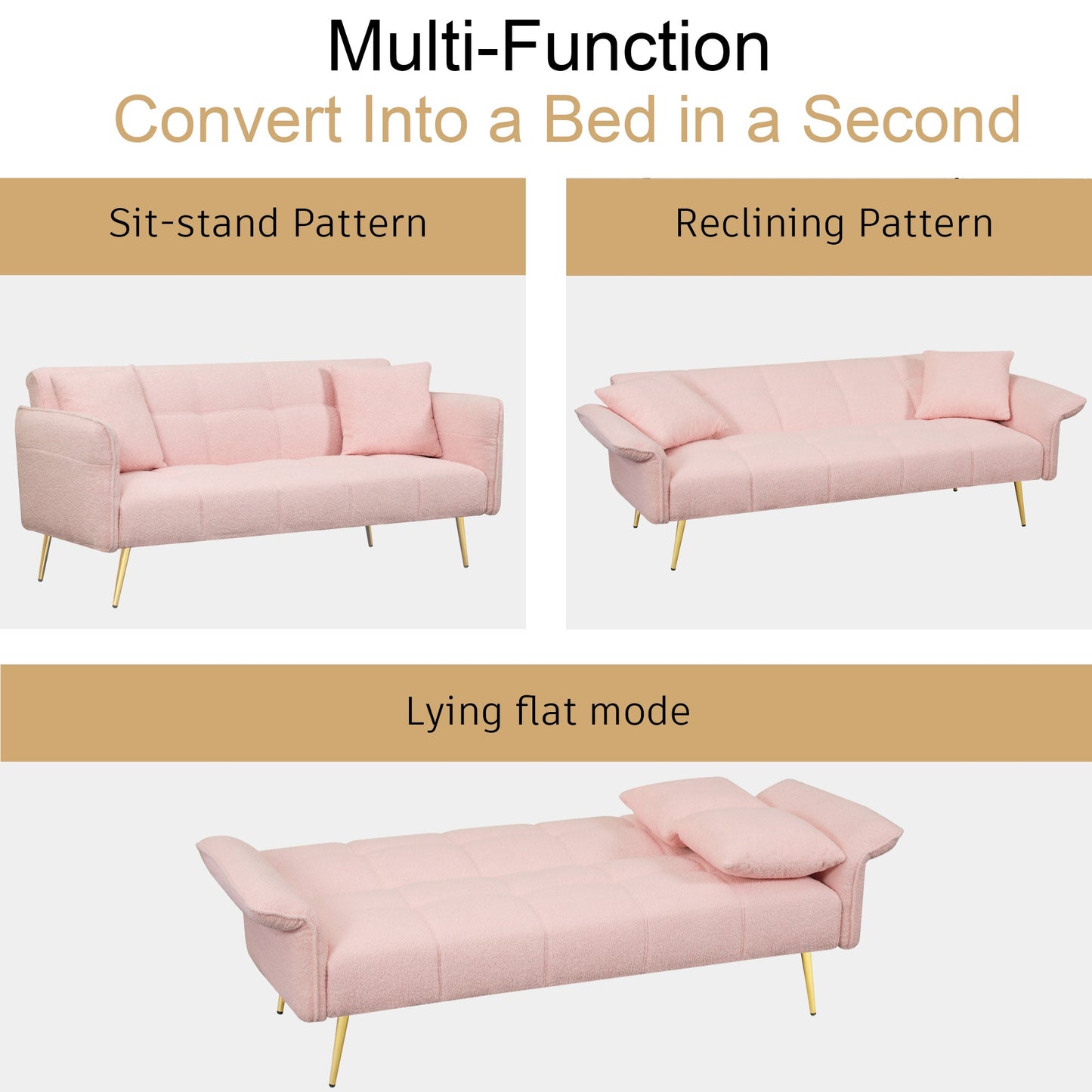 Teddy Velvet Sofa with Adjustable Armrests and Backrest - Pink