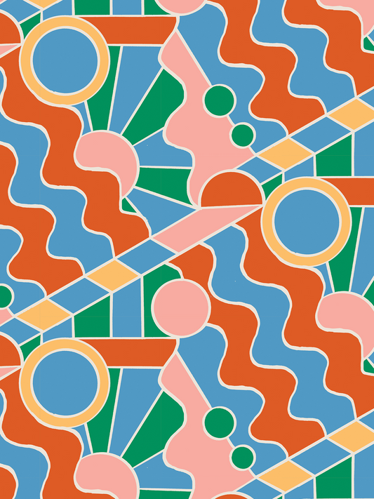 Day Trippin' Wallpaper Blue, Green, Pink and Brick Red - LUXE Peel & Stick - Wallpaper