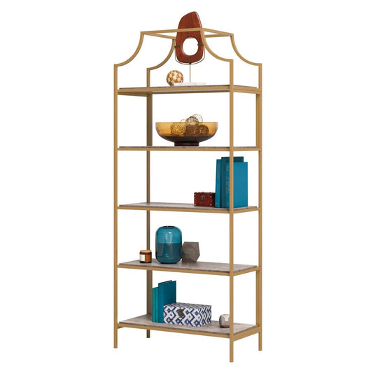 Gold Metal Display Rack Etagere Bookcase with 5 Faux Stone Storage Shelves - - Living Room > Bookcases