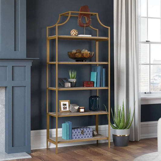 Gold Metal Display Rack Etagere Bookcase with 5 Faux Stone Storage Shelves - - Living Room > Bookcases