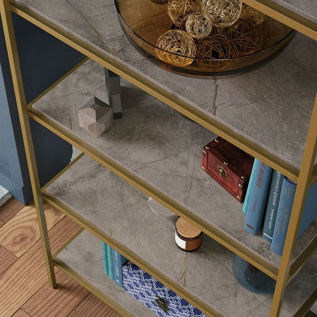 Gold Metal Display Rack Etagere Bookcase with 5 Faux Stone Storage Shelves - - Living Room > Bookcases