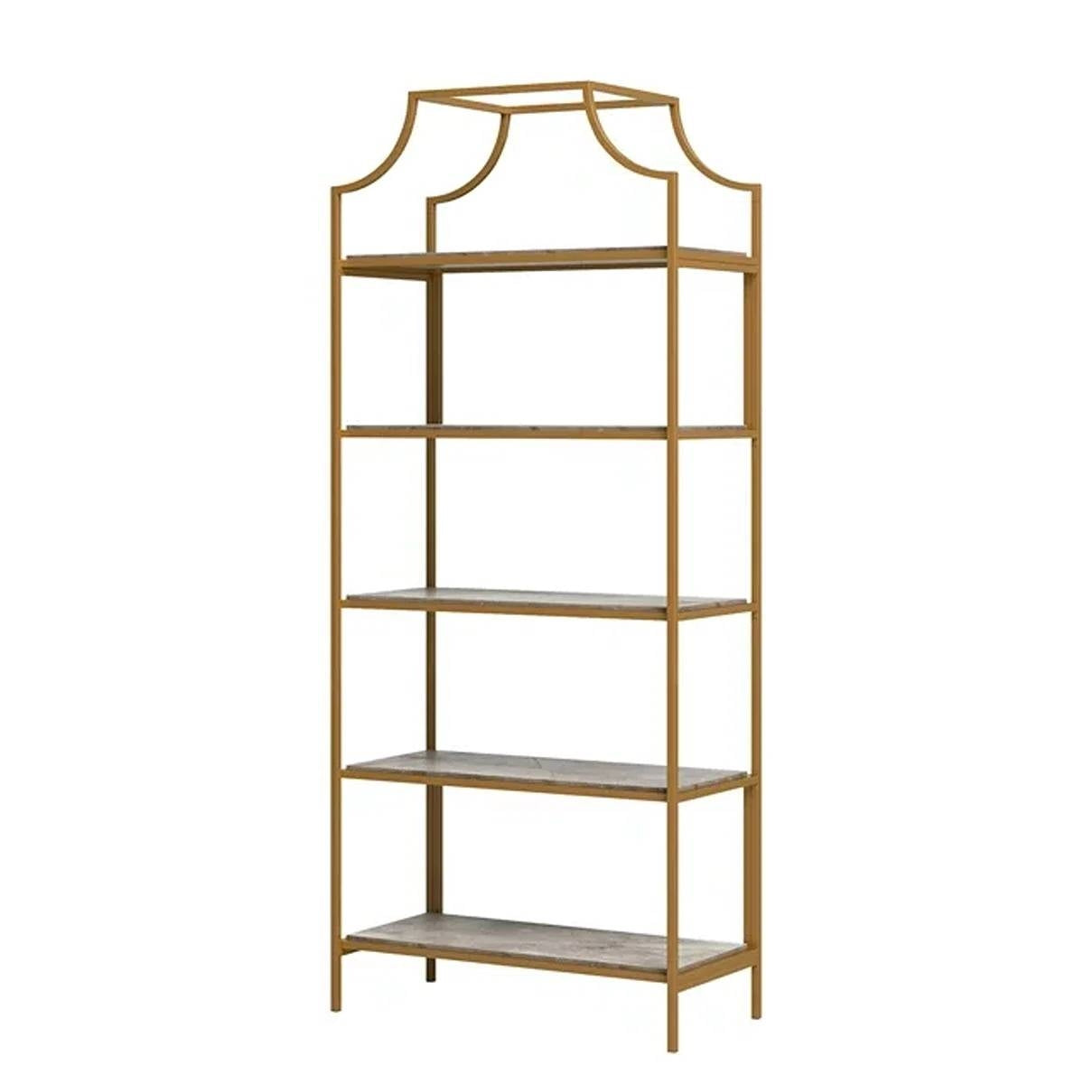 Gold Metal Display Rack Etagere Bookcase with 5 Faux Stone Storage Shelves - - Living Room > Bookcases