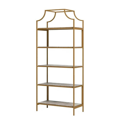 Gold Metal Display Rack Etagere Bookcase with 5 Faux Stone Storage Shelves - - Living Room > Bookcases