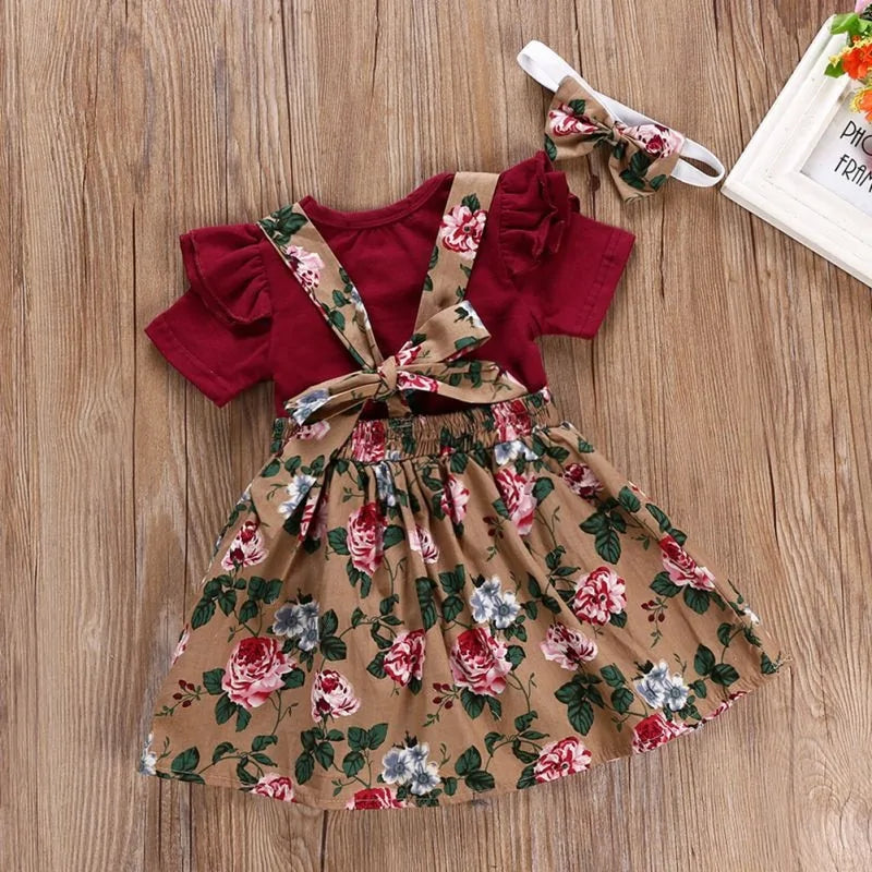 Baby Girl Floral Print Dress Romper Headband Clothes Set