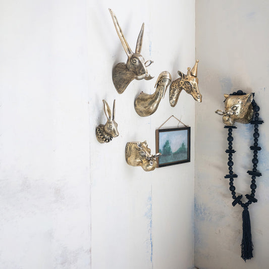 Brass Finish Cast Aluminum Rabbit Head with Ruff Collar Wall Mount - - Wall Hangings