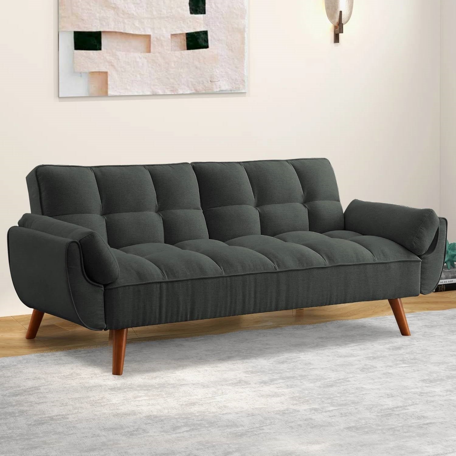Mid-Century Modern Sofa Bed in Dark Grey Linen Polyester Tufted Upholstery- HomePacific- {{Product type}}