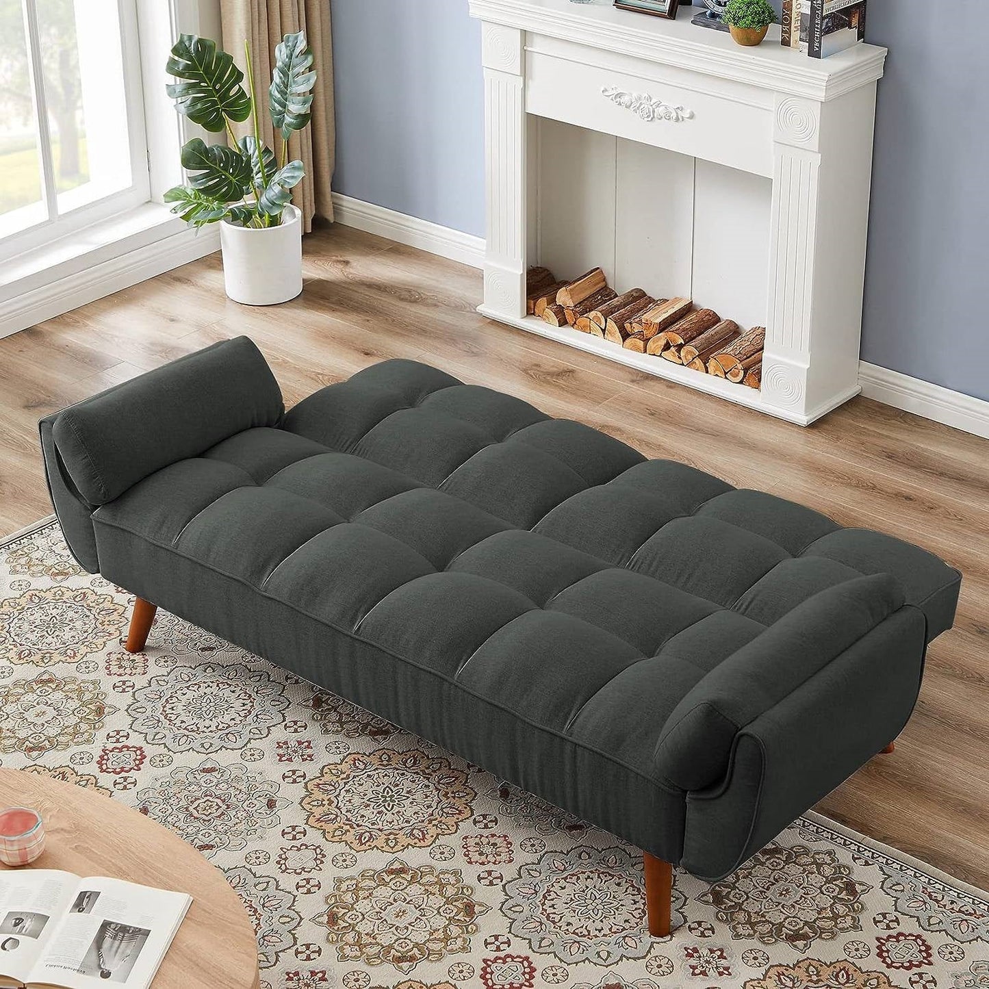 Mid-Century Modern Sofa Bed in Dark Grey Linen Polyester Tufted Upholstery- HomePacific- {{Product type}}