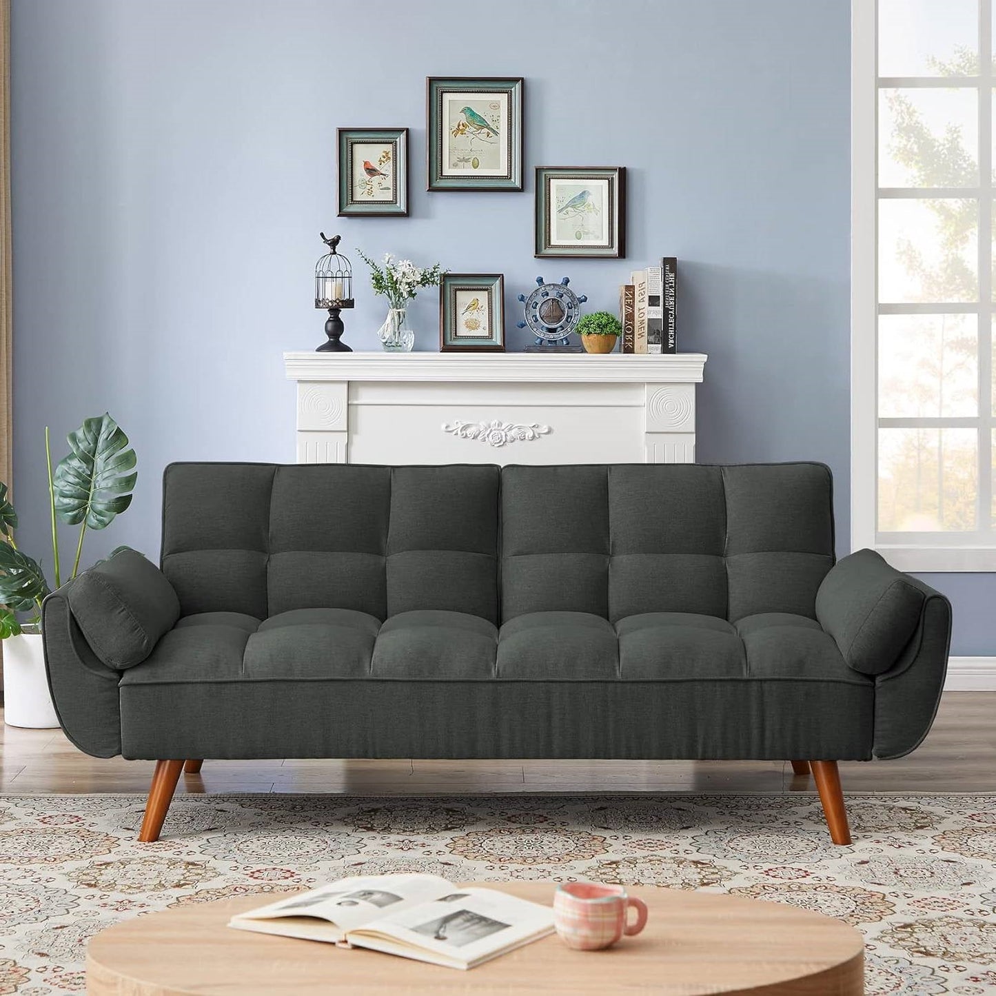 Mid-Century Modern Sofa Bed in Dark Grey Linen Polyester Tufted Upholstery- HomePacific- {{Product type}}