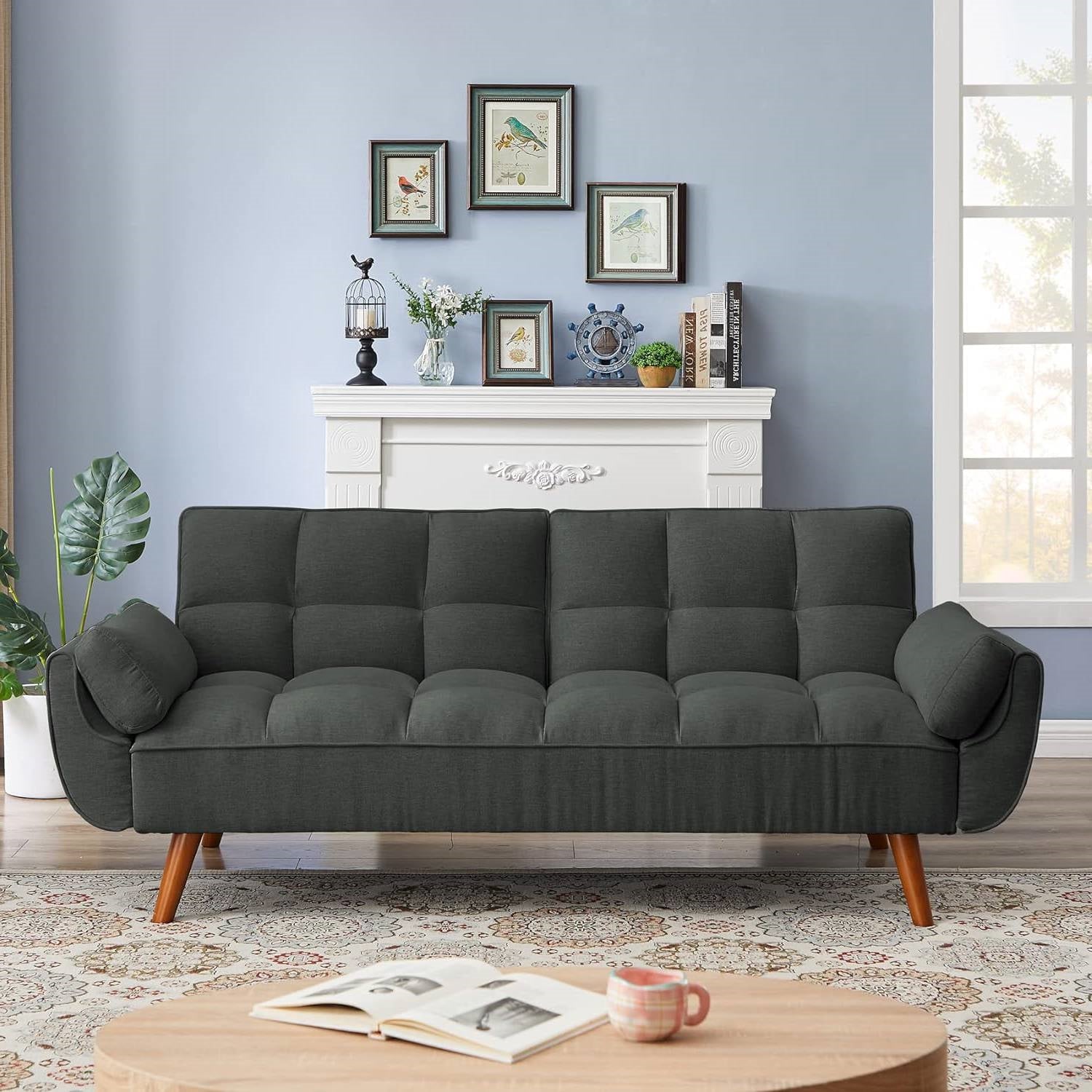 Mid-Century Modern Sofa Bed in Dark Grey Linen Polyester Tufted Upholstery- HomePacific- {{Product type}}