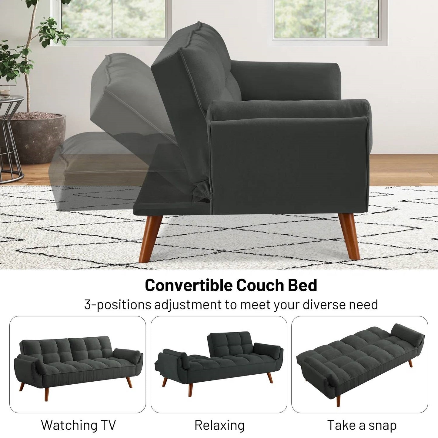 Mid-Century Modern Sofa Bed in Dark Grey Linen Polyester Tufted Upholstery- HomePacific- {{Product type}}