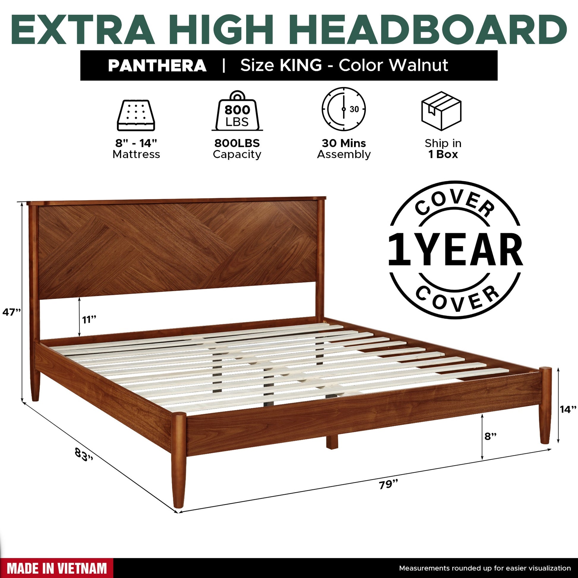 Panthera Solid Wood Bed Frame With Headboard - - Bed Frame