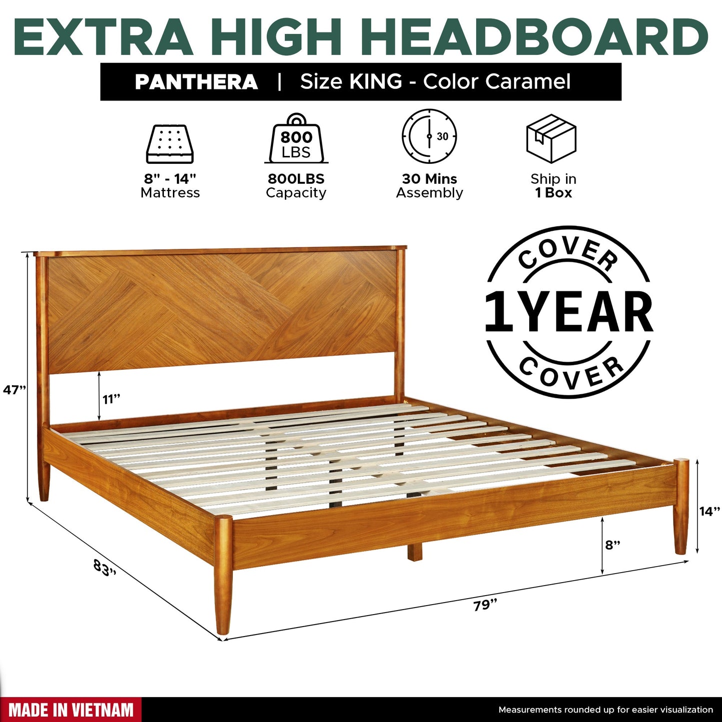 Panthera Solid Wood Bed Frame With Headboard - - Bed Frame