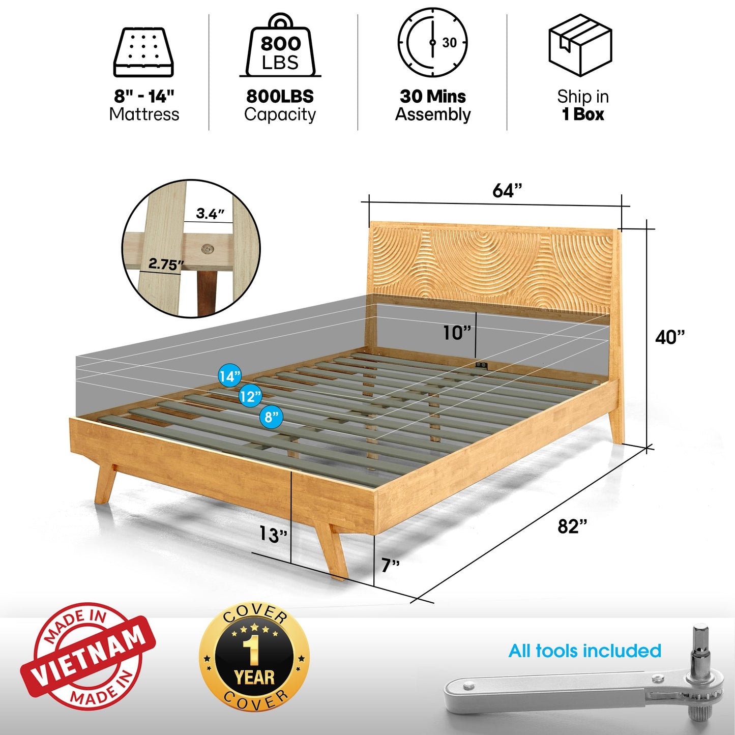 Harmony Solid Wood Bed Frame - - Bed Frame