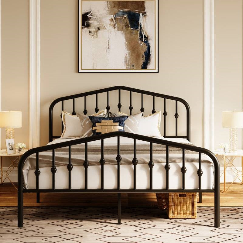 Queen Farmhouse Spindle Black Metal Platform Bed Frame with Headboard Footboard - - Bedroom > Bed Frames > Metal Beds