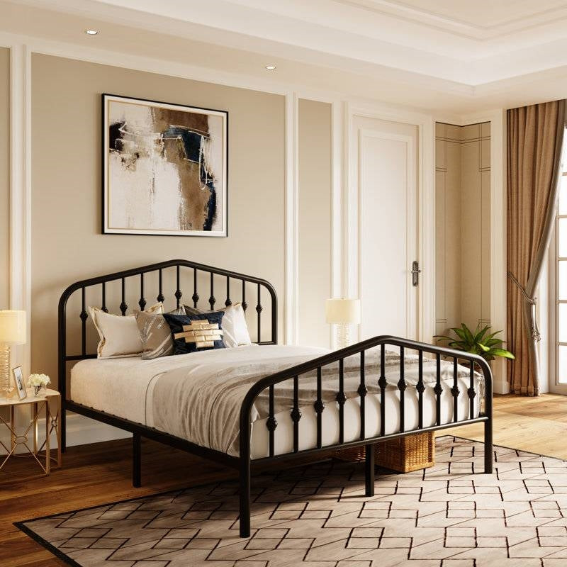 Queen Farmhouse Spindle Black Metal Platform Bed Frame with Headboard Footboard - - Bedroom > Bed Frames > Metal Beds