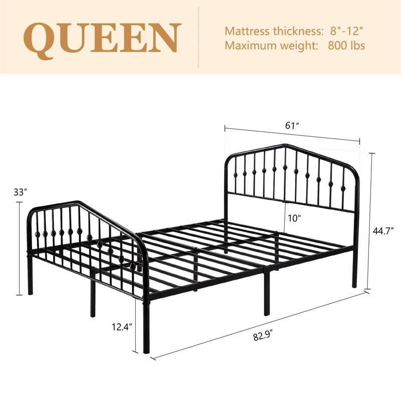 Queen Farmhouse Spindle Black Metal Platform Bed Frame with Headboard Footboard - - Bedroom > Bed Frames > Metal Beds