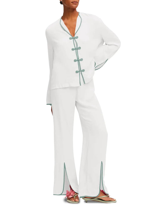 Womens White 2 Piece Long Sleeve Button Down Shirt and Split Hem Wide Leg Pants Pajama Set Large - Kia Day Design