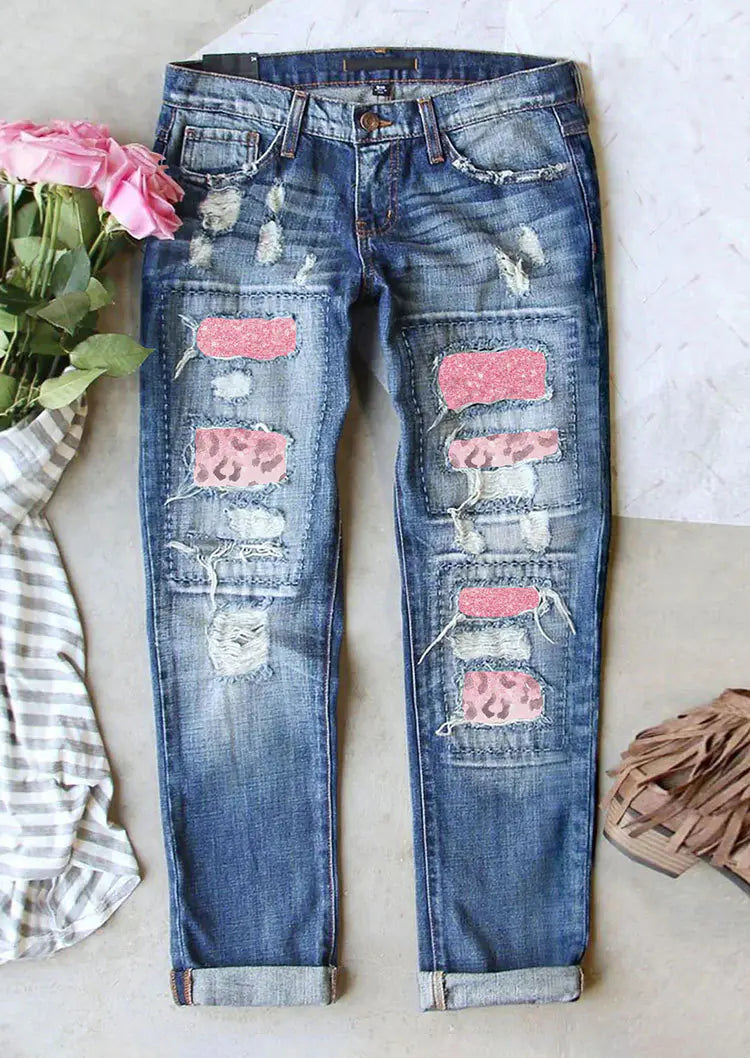 Women's Ripped Jeans with Printed Patch Casual Style