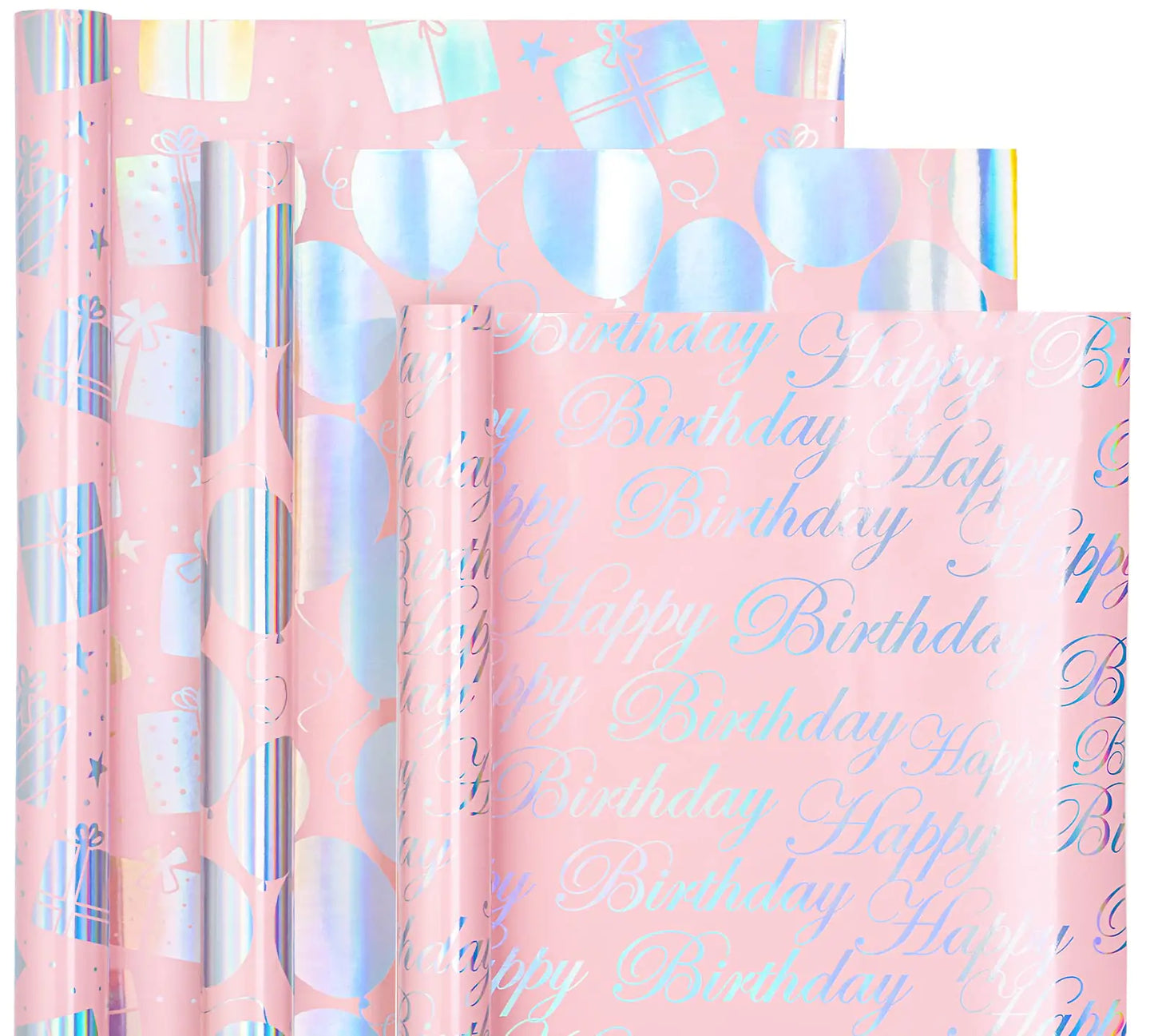WRAPAHOLIC Birthday Wrapping Paper Roll - Mini Roll - 3 Rolls - 17 inch X 120 inch Per roll - Pink and Silver Foil Design for Party Holiday Baby Shower Kia Day Design